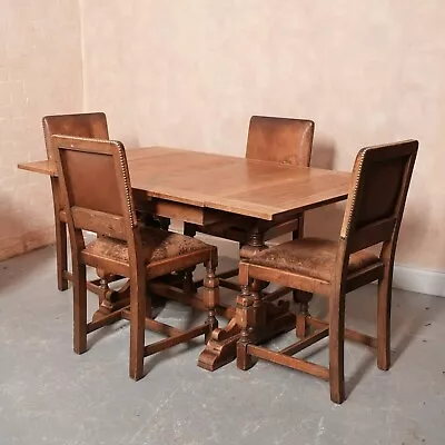 Antique Oak Dining Table And 4 Chairs Country Refectory Carved • £395