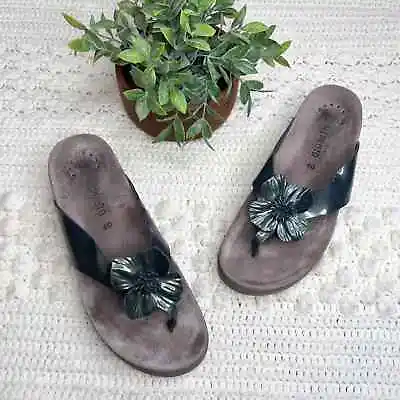 MEPHISTO Women's Violette Dark Silver Flip Flop Sandal Flower Plastic Leather 40 • $40.50