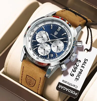 Luxury Mens Leather Watch Waterproof Luminous Date Chronograph Quartz Wristwatch • £16.99