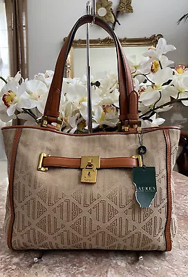 NWT RALPH LAUREN Signature Khaki/Tan Jacquard Triple Compartment Tote MSRP $228 • £98.30