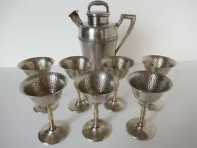 Vintage Barware: Art Deco Martini Shaker + 7 Coupes In Hammered Silver • $195