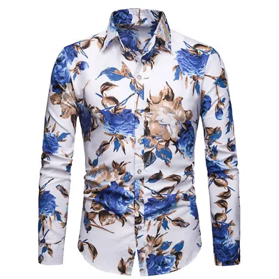 Mens Flower Printed Shirt Casual Long Sleeve Shirts Male Slim Fit Mens Tops UK • £12.99