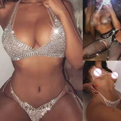 Women Sexy Glitter Rhinestone Bra Panties Set Crystal Chain Bikini Underwear • £21.76