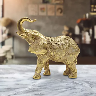 6.25 W Gold Thai Elephant With Trunk Up Statue Feng Shui Figurine Room Decor • $23.41