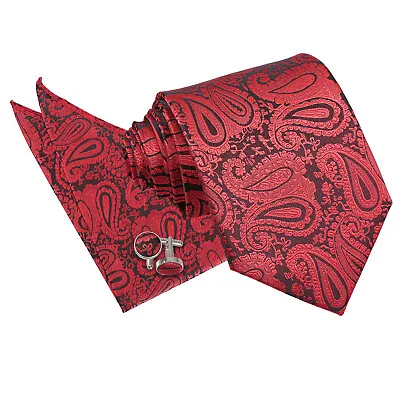 Black Red Classic Skinny Tie Pocket Square Cufflinks Woven Floral Paisley By DQT • £10.99