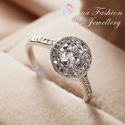 $22.99 • Buy 18K White Gold Plated Simulated Diamond Round Cut Engagement Wedding Halo Ring 