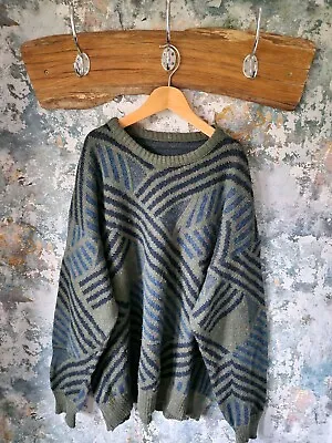 Mens German Green Vintage 90s Crazy Pattern Winter Grandad Cosby Knit Jumper Xl • £21.99