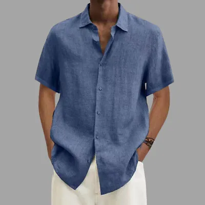 Mens Cotton Linen Shirts Summer Casual Short Sleeve Solid Button-up Shirt Tops • £10.69