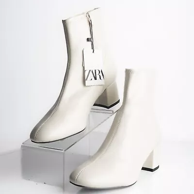 Zara Womens Ankle Boots Booties Ecru Ivory Stretch Block Heel US 9 EU 40 NWT • $89.99