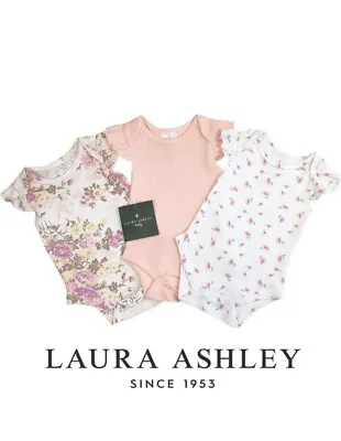 LAURA ASHLEY 3 Pack Baby Girls Short Sleeve Bodysuit Babygrow Vest Floral Cotton • £7.80