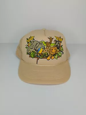 VINTAGE Zoo Trucker Hat Snap Back Beige Cap Puff Logo Safari Animals Awesome! • $18