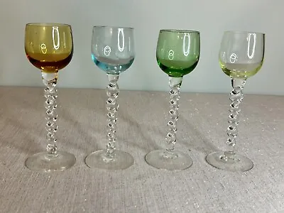 4 Vintage MULTICOLOR TWIST STEM 1 OZ. CORDIAL GLASSES • $19.99