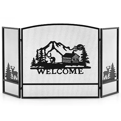 55  X 29.5  3-Panel See-Through Metal Fireplace Screen With Moose Pattern Black • $72.99