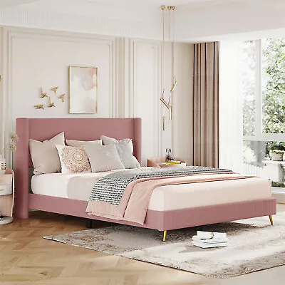 Queen Size Bed Frame Upholstered Platform Bed With Upholstered Headboard Pink • $204.99