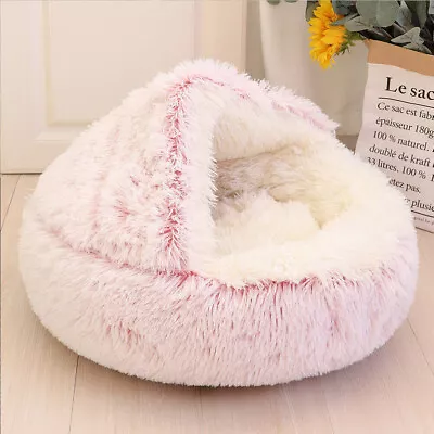 Home Indoor Round Pet Dog Cat Plush Fluffy Hooded Cat Bed Donut Bed Cave • £10.95