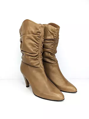 GABOR Vintage 80s Brown Tan Calf Length Ruched Slouch Leather Boots Size 38 • $49