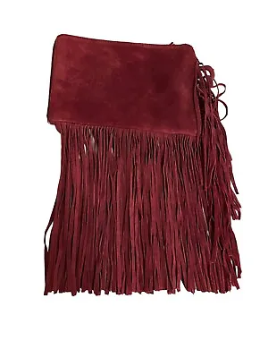 $32 • Buy Zara Basic Collection Large Wristlet Clutch Burgundy Suede Leather Fringe Bag