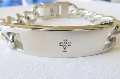  Men's Solid Stainless Steel Id Diamond Cross Link  Heavy Bracelet 9   12.5 MM • $20.21