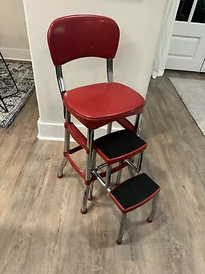 Vtg COSCO Stylaire Mid-Century Red Metal Fold Out Step Stool Chair Chrome Legs • $350