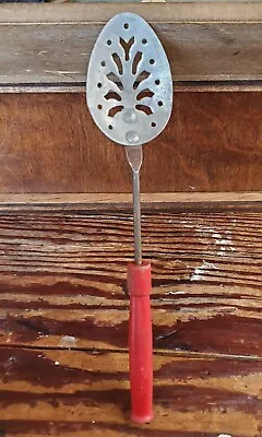 Vtg 1950s Childrens Toy Slotted Spoon Red Wood Handle 7.5  Kitchen Utensil 50s T • $15.99