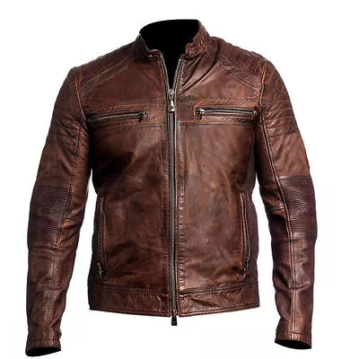 Men's Biker Vintage Motorcycle Cafe Racer Brown Distressed Leather Jacket Coat • $99.99