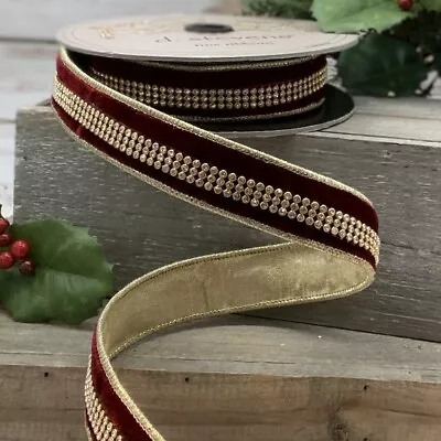 D Stevens Burgundy Velvet Rhinestone Center Trim Wire Edge Ribbon 1  X 5 Yards • $39