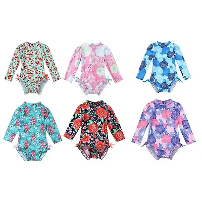 Infant Baby Girls' One-Piece Floral Rash Guard Ruffled Zipper Swimsuit Swimwear • £7.59