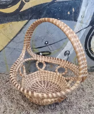 Vintage GULLAH SWEETGRASS Round Loop Woven Basket With Handle CHARLESTON S.C. • $38