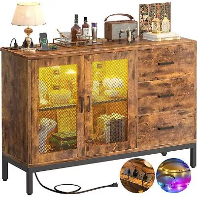 Sideboard Buffet Cabinet W/ 3 Storage Drawers & Power Outlet Coffee Bar Cabinet • $129.99