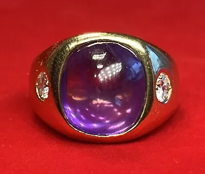 Fine Men's 18K Yellow Gold Amethyst Cabochon & Diamond Ring Size 6.5 • $1710