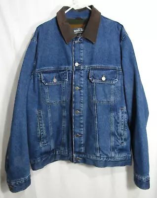 Woolrich Fleece Striped Lined Leather Collar Denim Blue Jean Jacket Size L EUC • $62.97