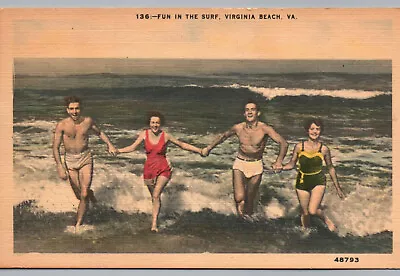 Virginia Beach VA Postcard Bathers Fun In The Surf Old Bathing Suits Swimmers • $6