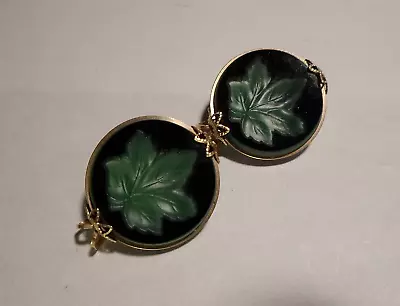 Vintage Hillcraft Gold Filled Green Leaves Intaglio Glass Slide-on Earrings Vgc • $9.95