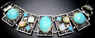 Gorgeous Foil Opal Glass Moonstone & Turquoise Vintage Bracelet • $99.99