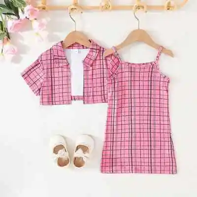 Clothing Set For Kid Girl 3-7 Years Old Short Sleeve Blouse Plaid Suspenders Ski • £12.07