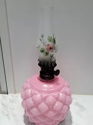 Victorian Consolidated Glass Pink Quilt Mini Oil Lamp With Pretty Flowered Lid  • $75