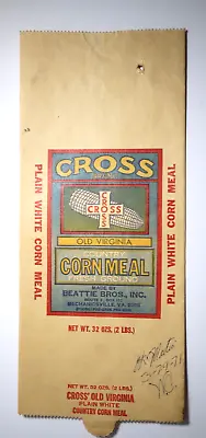 Vintage Paper Sack Bag - CROSS CORN MEAL BEATTIE BROS. MECHANICSVILLE VA  1971 • $12