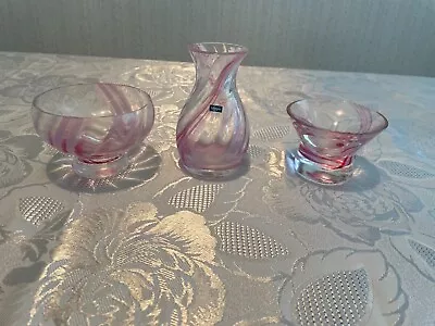 Caithness Cranberry & Pink Swirl Glass Trio Vase & 2 Dishes  Excellent Condition • £7.99