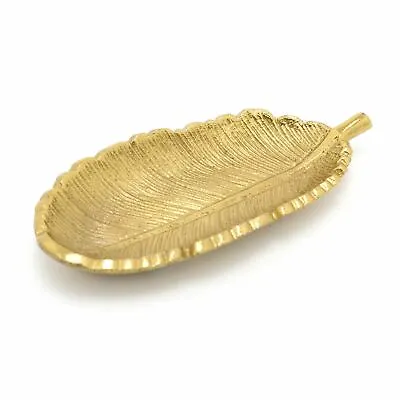 Elegant Metal Feather Trinket Dish | Antique Gold Tone Display Jewellery Plate • £8.99