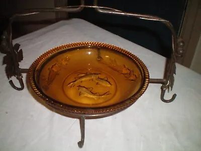 Wrought Iron Pie Stand Grape Wine Look Amber Glass Fish Plate • $38.99