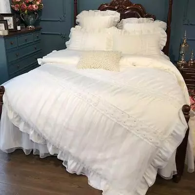 Beige Cream White Lace Princess Duvet Cover Bed Set Egyptian Cotton Bedding Set • £224.77