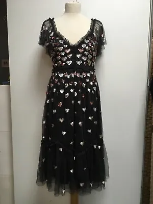 NWT Needle & Thread Black Net Hearts Sequined Evening Midi Dress Fits 10 • £149