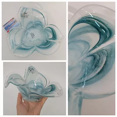 Murano Clear And Blue Swirl Art Glass 3 Petal Dish Bowl 8  Hand Made Italy New! • $21.95