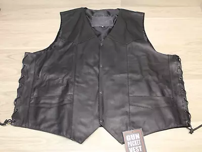 M BOSS Motorcycle Biker Leather Vest Black Men’s Sz 58 W/ Concealed Carry Pocket • $26.97