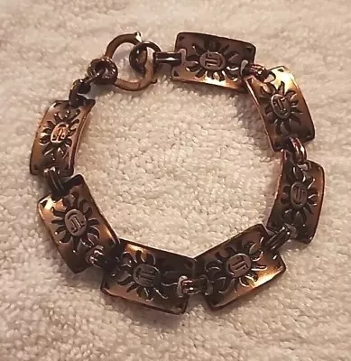 Vintage Solid Copper Link Bracelet Engraved Smiling Sun Worshipper Happy Sunface • $10