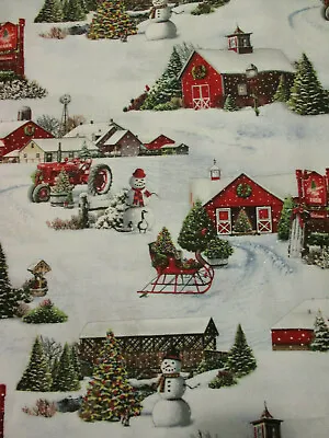 Vintage Tractor Barn Sled Snowman Snow Cotton Fabric Fq • $2.99