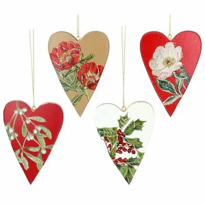 £9.99 • Buy Gisela Graham Christmas - Set Of 4 Wood Dec 10cm - Flower/Berry Heart
