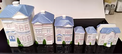 Vintage- Set- Hearth And Home Designs 1988 Blue Pink White House Canisters H&HD • $25
