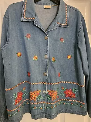 Bobbie Brooks Vintage Denim  Jacket Shirt Size L Embroidered Flower Button Front • $14.97