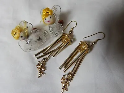 $7 • Buy 2 Pair Vintage 1950s Christmas Angel Cherub Earrings Spun Wool & Dangle Earrings